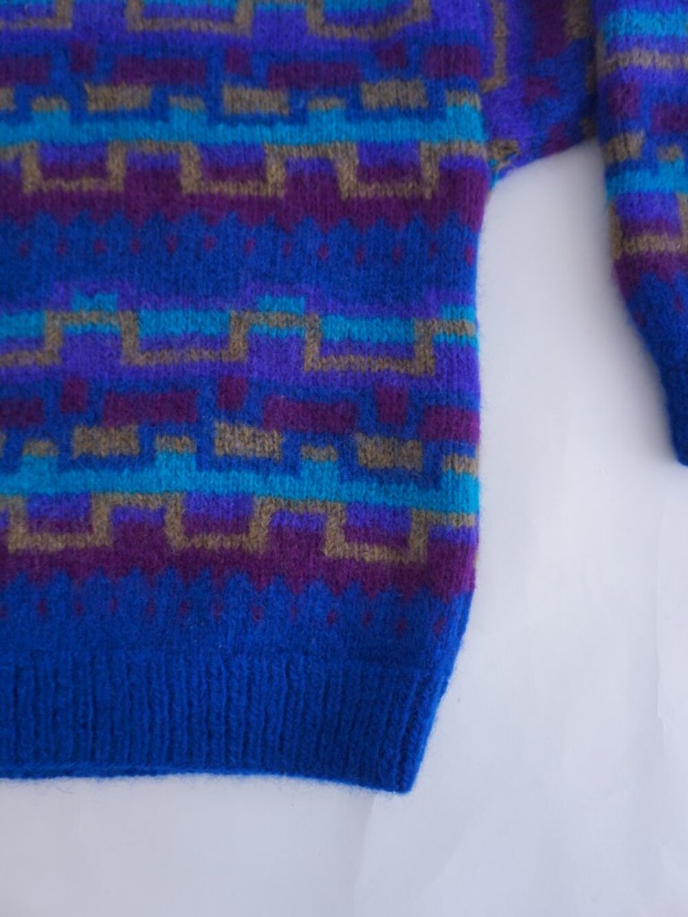 Handmade Nepal Blue Purple Geometric Fuzzy Wool Nordic Knit Sweater Nordic L - Picture 5 of 10